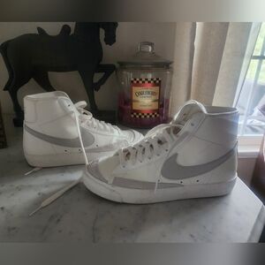Nike White and Gray High-Top Sneakers with Swoosh. Nike Blazers made for Macy's.